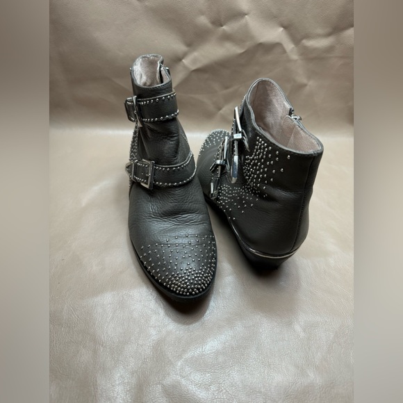 Vince Camuto Tema Gray Leather Studded Cowboy Booties Riding Buckle back Zip - Picture 6 of 8